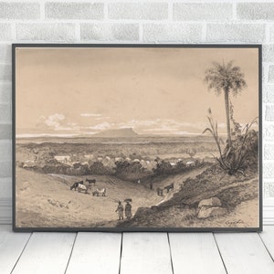 May include: A black and white pencil drawing of a landscape with a mountain in the distance, a palm tree in the foreground, and people and cattle walking on a path.