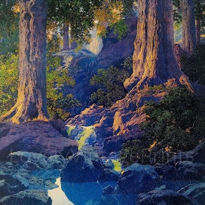 May include: A painting of a forest scene with two large trees, a stream, and rocks. The stream is flowing over rocks and into a pool of water. The trees are tall and have green leaves. The rocks are brown and gray. The painting is done in a realistic style.