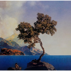 May include: A scenic landscape painting depicts a tree on a rocky outcrop overlooking a blue sea. Mountains and a cloudy sky fill the background. A figure sits on the rocks near the water. The artwork has a vintage aesthetic.