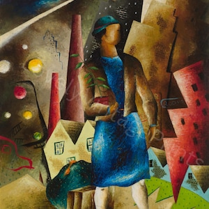 May include: An abstract painting shows a figure in a blue dress and hat holding a plant, set against a backdrop of stylized buildings and industrial elements. The artwork features a palette of blues, browns, reds, and yellows, with a surreal, dreamlike quality.
