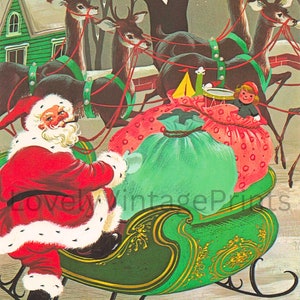 Printable Retro Santa - Christmas Art, Vintage Santa with Sled and Reindeer, Digital Download, Digital Download