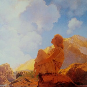 Girl on a Rock, Dreamy Morning - Morning by Maxfield Parrish Vintage Print - Dreamy Decor Art - PRINTABLE WALL ART - Digital Download