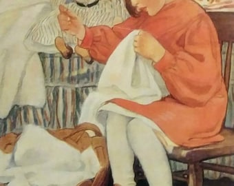 Little Girl in Red Dress Sewing with Her Dolls Jessie Willcox Smith Print Storybook Art Fairytale Art