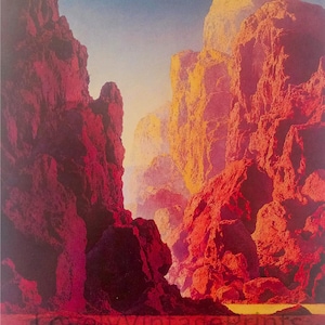 May include: An abstract landscape print featuring towering red rock formations. The image has a gradient of colors, transitioning from deep reds and purples to golden yellows and blues. The text "LovelyVintagePrints" is at the bottom.