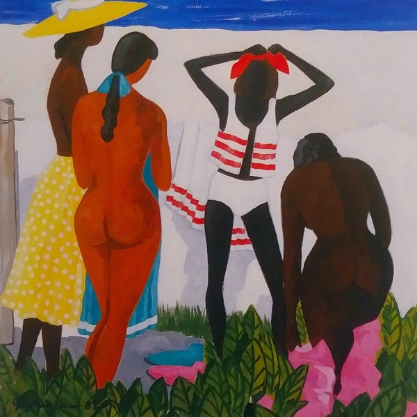 Colorful African American Art Print - LADY SUN BATHERS - by J. Green, Black Women, African American Women Print Gullah Wall Art