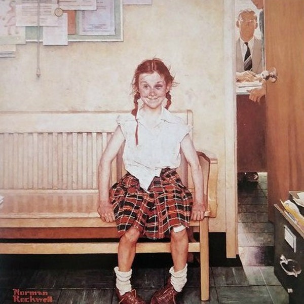 Little girl outside the principal's office - Norman Rockwell - Outside the Principal's Office/The Shiner Art Print (NR4)