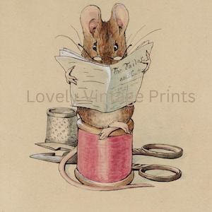 May include: A brown mouse wearing glasses sits on a spool of red thread and reads a book titled "The Tailor and His Clothes". A thimble and scissors are on the table.