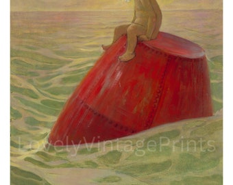 Antique Illustration Water Babies by the River at Sunset Jessie