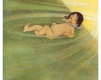 Antique Illustration Water Babies by the River at Sunset Jessie