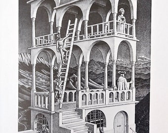 GRANDE M.C. Escher Print BELVEDERE, mai 1958 Lithographie, impression d'art vintage - Parfaite pour encadrer 14,5 x 10,75 po. Art mural noir et blanc