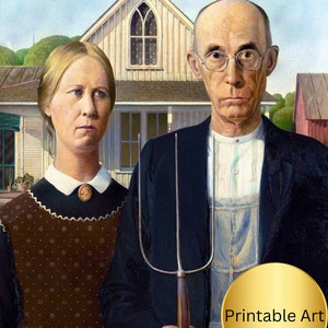 印刷可能な熊手を持つ老人と妻 - アメリカン ゴシック | 印刷可能な壁アート | デジタル ダウンロード