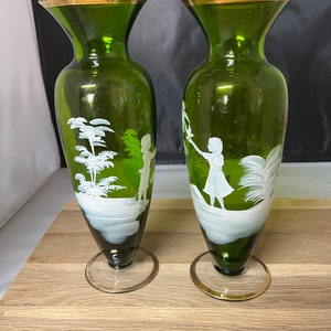 Set of Mary Gregory green vases