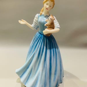 May include: A ceramic figurine of a woman in a blue dress holding a small ginger cat. The dress features vertical blue and white stripes. The woman has blonde hair and is gesturing with her left hand.