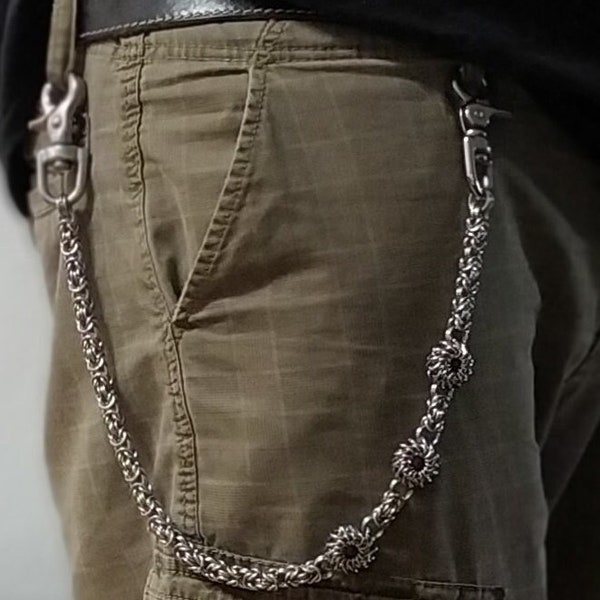 Wallet chain handmade from stainless steel wire with red glass beads