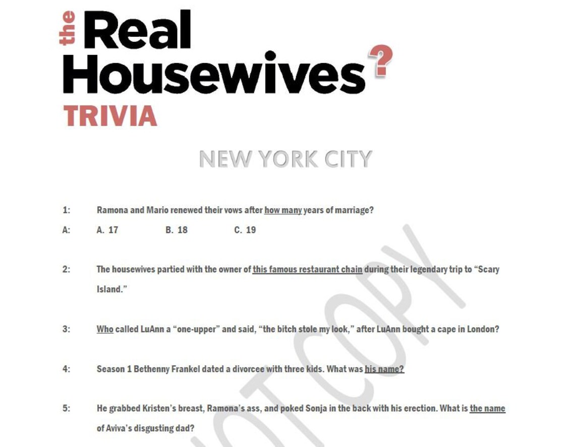 New York Real Housewives Trivia Etsy