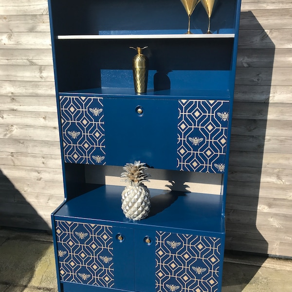 Lovely upcycled retro tall sideboard/drinks cabinet with bumblebee decor