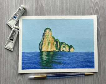 May include: A watercolor painting of a green and brown island with a blue ocean in the background. The island is made up of several rocky cliffs with green foliage.