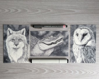 Fox, Alligator, Owl -  Copic Drawing