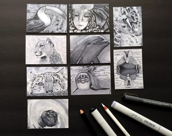 ACEO/Sketch Cards - Animal Copic Marker & Pencil Crayon Mini