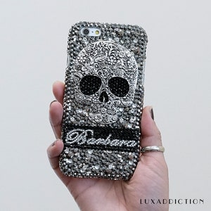 Metallic Skull Personalized Name Initials Genuine Black Crystals Bling Case For iPhone 16 Pro Max 15 14 Plus Galaxy S24 S23