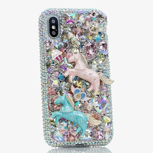 Bling Unicorn Rainbow Stones Genuine Crystals Diamond  Pink Blue Case For iPhone 16 Plus 15 Pro Max Galaxy S23 S24 Plus