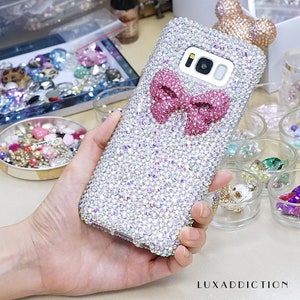 Bling 3D Pink Bow Genuine AB Crystals Diamond  Easy Grip Case For iPhone 15 pro max 14 plus Samsung S23 S22 Fold 5