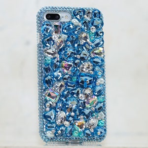 Genuine Crystals Case For iPhone 16 Plus 15 Pro Max  Samsung Galaxy S24 ultra  Bling Diamond  Blue Clear Heart Stones