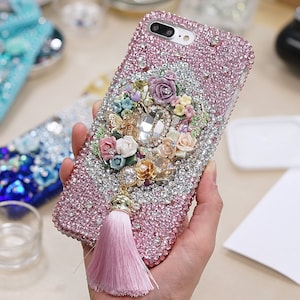 キラキラ輝くピンクのバタフライローズガーデンタッセル本物のクリスタルダイヤモンドケース iPhone 16+ 15 Pro Max Samsung Galaxy S24 S23用
