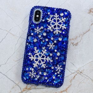 Genuine Crystals Case For iPhone 16 Plus 15 Pro Max Samsung Galaxy S24 S23 Bling Diamond Snowflakes Deep Blue Stones