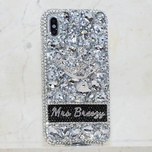 Estuche con corona de diamantes de plata y nombre personalizado con iniciales y cristales genuinos para iPhone 16 Pro Max 15 14 Plus Galaxy S24 S23