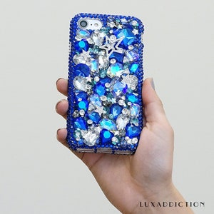 Bright Blue Super Star Clear Gem Stones Genuine Crystals Diamond  Bling Case For iPhone 16 Plus 15 Pro Max Samsung S24 ultra