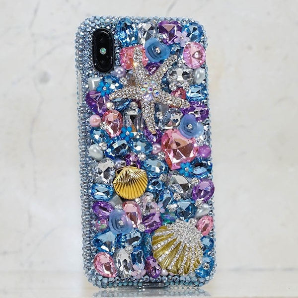 Genuine Crystals Case For iPhone 15 Plus 14 Pro  Max    Samsung Galaxy S23 S22  Bling Diamond  Sea Pastel Sea Star Blue Stones