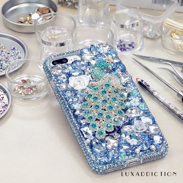 Bling Blue Aqua Diamond Peacock Gem Stones Genuine Crystals  Easy Grip Case For iPhone 15 Plus 14 Pro  Max    Samsung Galaxy S22
