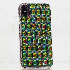 Sinister Skull Dark Rainbow Stones Genuine Crystals Diamond  Bling Case For iPhone 16 Plus 15 Pro Max Samsung Galaxy S23 S24
