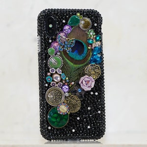 Vintage Peacock Feather Roses Genuine Jet Black Crystals Diamond  Bling Case For iPhone 16 Plus 15 Pro Max Samsung Galaxy S24 ultra