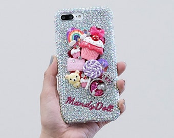 Yummy Sweets Bear Personalized Name Initials Genuine Crystals Bling Case For iPhone 15 Pro Max 14 13 Plus   Samsung Galaxy S23   S22