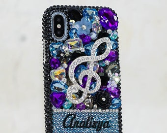 Music Note Personalized Name Initials Genuine Black Purple Crystals Bling Case For iPhone 15 Pro Max 14 13 Plus    Galaxy S23