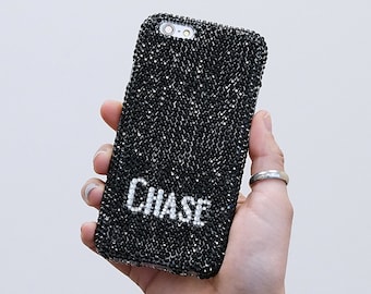 Personalized Name Initials Genuine Jet Black Crystals Case For iPhone 15 Pro Max 14 13 Plus    Galaxy S23