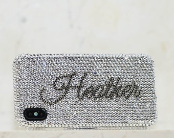 Personalized Name Pure Genuine Clear Crystals Black Diamond Chain Bling Case For iPhone 15 Pro Max 14 13 Plus    Galaxy S23   S22