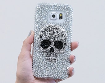 Metallic Skull Echte Klare Kristalle Diamant Bling Easy Grip Schmuck Hülle für iPhone 15 + 14 Pro Max Samsung Galaxy S22