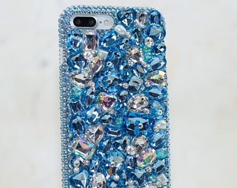 Bling Diamond  Blue Clear Heart Stones Crystals Case For iPhone 17 16 Plus 15 Pro Max Galaxy S24 25 Ultra Z Fold Flip