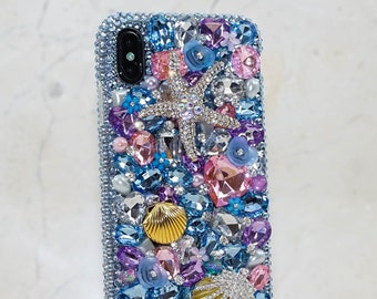 Bling Sea Star Blue Stones Case For iPhone 17 16 Plus 15 Pro Max Galaxy S24 S25 Z Fold Flip