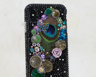 Vintage Peacock Feather Roses Genuine Jet Black Crystals Diamond  Bling Case For iPhone 15 Plus 14 Pro  Max    Samsung Galaxy S22