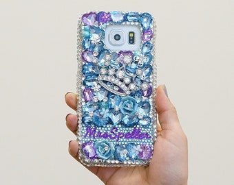 Diamond Crown Personalized Name Initials Genuine Aqua Blue Purple Crystals Case For iPhone 15 Pro Max 14 13 Plus    Galaxy S23   S22