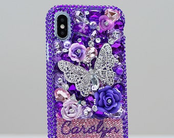 Purple Butterfly Design Personalized Name Initials Genuine Crystals Bling Case For iPhone 15 Pro Max 14 13 Plus    Galaxy S23