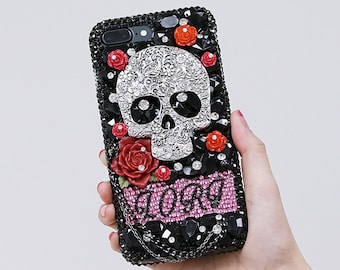 Skull and Red Roses Personalized Name Initials Genuine black Crystals Case For iPhone 15 Pro Max 14 13 Plus    Galaxy S23   S22 plus