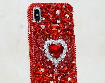 Bling Bright Red Gem Stones Genuine Crystals Diamond Heart  Glitter Case For iPhone 15 Plus 14 Pro  Max   Galaxy S22 S23 Plus  8