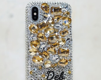 Golden Gemstones Personalized Name Initials Genuine Clear Crystals Bling Case For iPhone 15 Pro Max 14 13 Plus    Galaxy S23