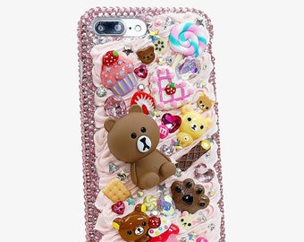 Bling Yummy Bears Creamy Cake Genuine Pink Crystals Diamond  Heart Case For iPhone 15 Plus 14 Pro  Max   Samsung Galaxy S22 S23