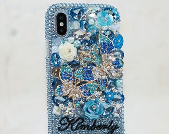 Aquablå fjärilsros personligt namn initialer äkta kristaller bling-skal för iPhone 17 Pro Max 16 15 Plus Galaxy S24 S25